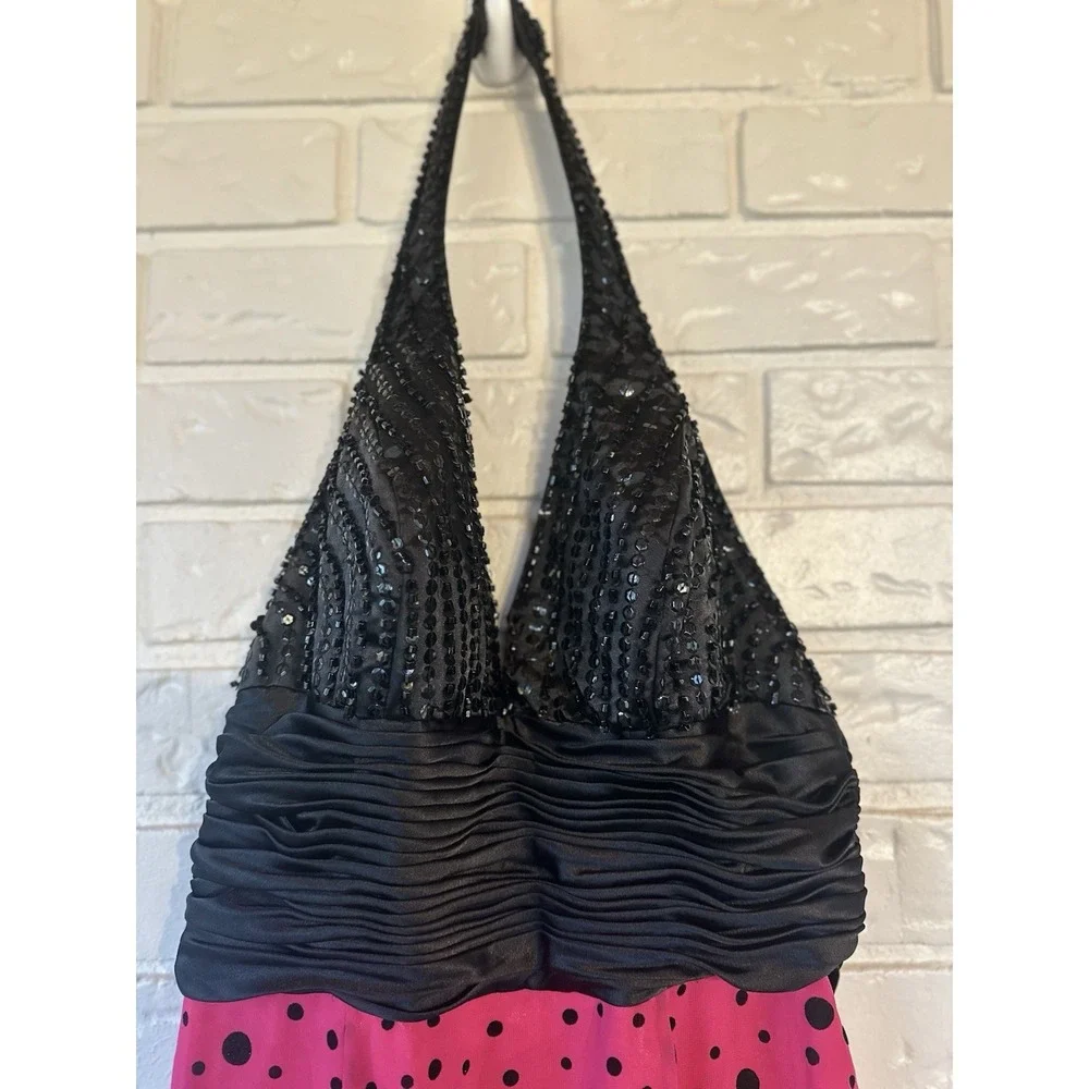 Tiffany Designs Size 10 Hot Pink Black Polka Dot‎ Beaded Halter Prom Gown Y2K